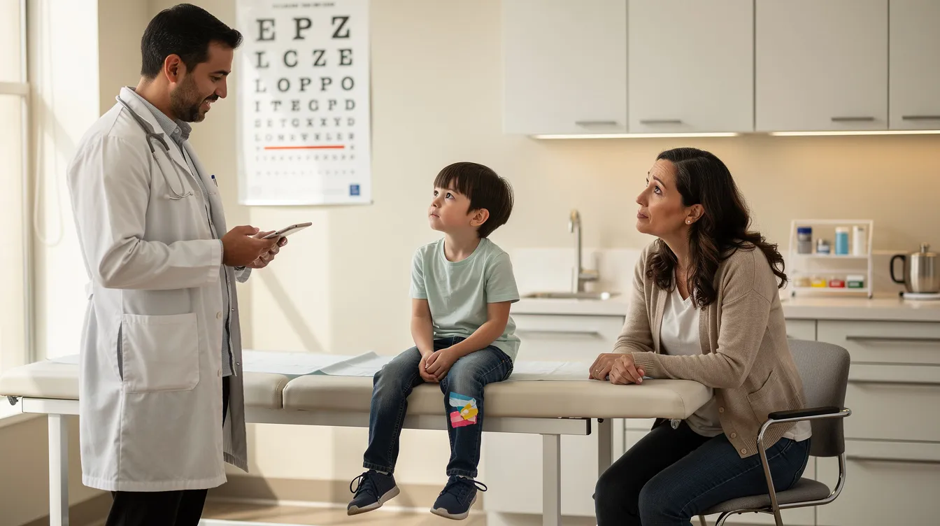 A doctor is engaged in conversation with a parent and their child in a well-lit exam room, discussing the child's health and any potential eligibility for disability benefits. The atmosphere is supportive, as the doctor provides guidance on navigating resources for social security disability benefits.