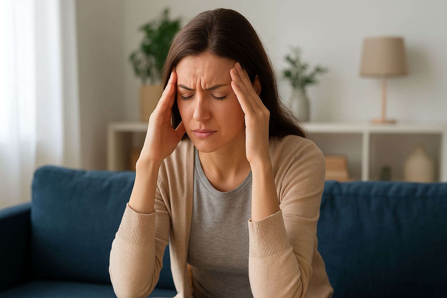 Kvinne sitter hjemme og presser hendene mot tinningene, tydelig preget av migrene i et rolig, lyst rom. migrene behandling av migrene fysisk aktivitet blant annet kronisk migrene finnes flere forebyggende behandling lite søvn 72 timer 4 72 timer dager per høyt blodtrykk hodepine ofte aura 15 dager behandling migreneanfall anfall andre hodepinen symptomer bør flere stress hos kommer mer forebyggende får søvn kvalme triptaner finnes kvinner effekt vanlig under skyldes eksempel svært opplever viktig pulserende kronisk tid lys smertene ulike varer kroppen god typer forebygge mye gir hjernen fleste migrenen smertestillende minst behandlingen symptomene anfallene gjøre trening bedre del sykdom lite hodet pasienter bruker kalles mat dersom tre nok anfallet legen