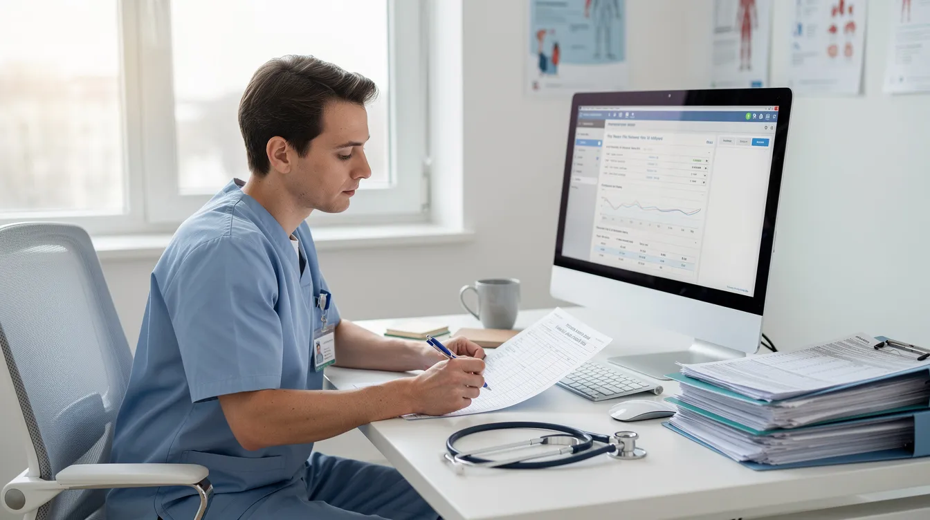 A healthcare worker is seated at a desk, diligently reviewing patient charts and documentation, which includes medical records and insurance claims. This scene highlights the critical role of medical billing and coding in managing patient data and ensuring accurate processing of medical services.