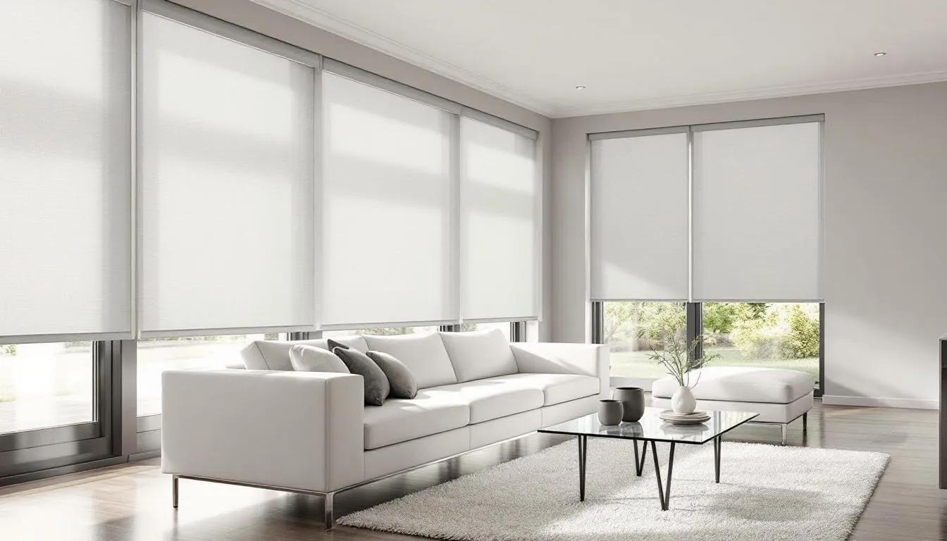 In a modern living room, UV protection roller shades are elegantly filtering sunlight through large windows, creating a soft ambiance while blocking harmful UV rays. The shades enhance the room's aesthetics and functionality, allowing natural light to illuminate the space without excessive glare.