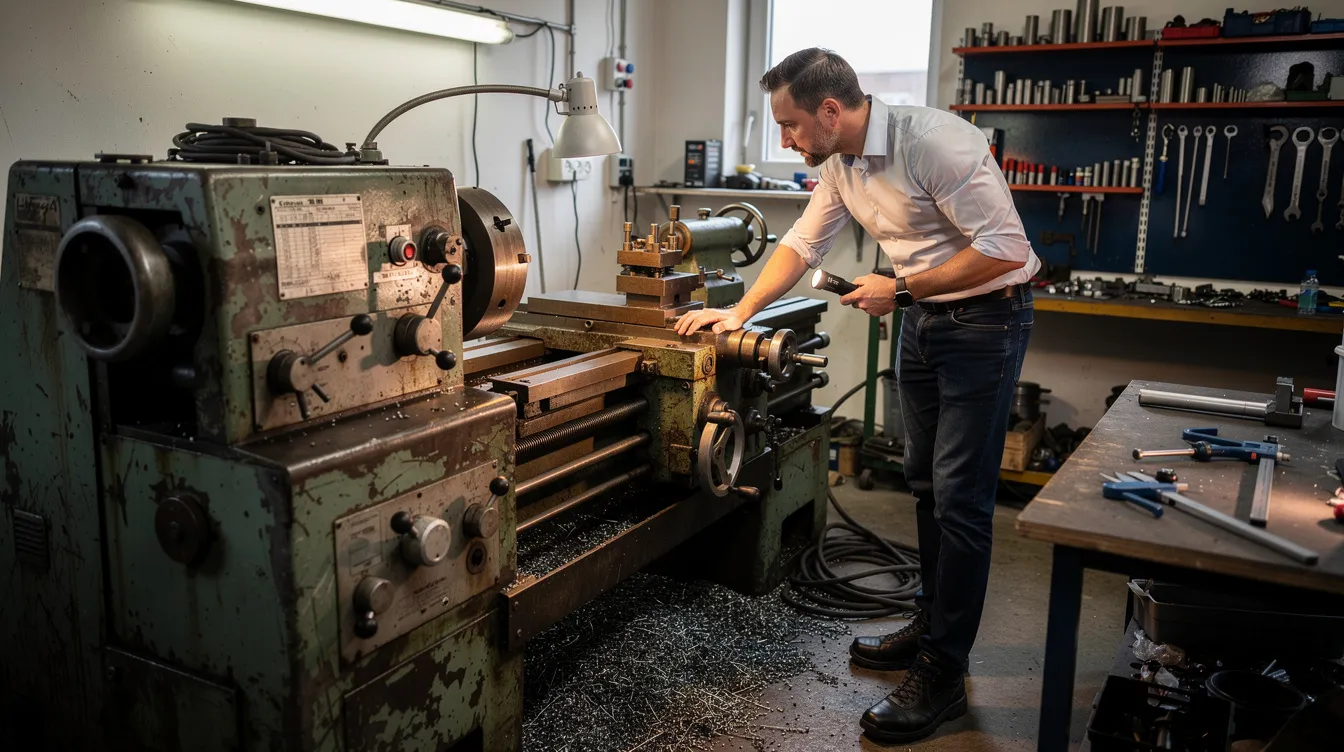 729bb788 0822 4b2d 9444 02532f96f17d An entrepreneur is inspecting a used industrial lathe machine in a small workshop, assessing its condition for potential purchase. This scene highlights the importance of financial assistance options like mudra loans for small and micro enterprises looking to acquire machinery for income-generating activities.