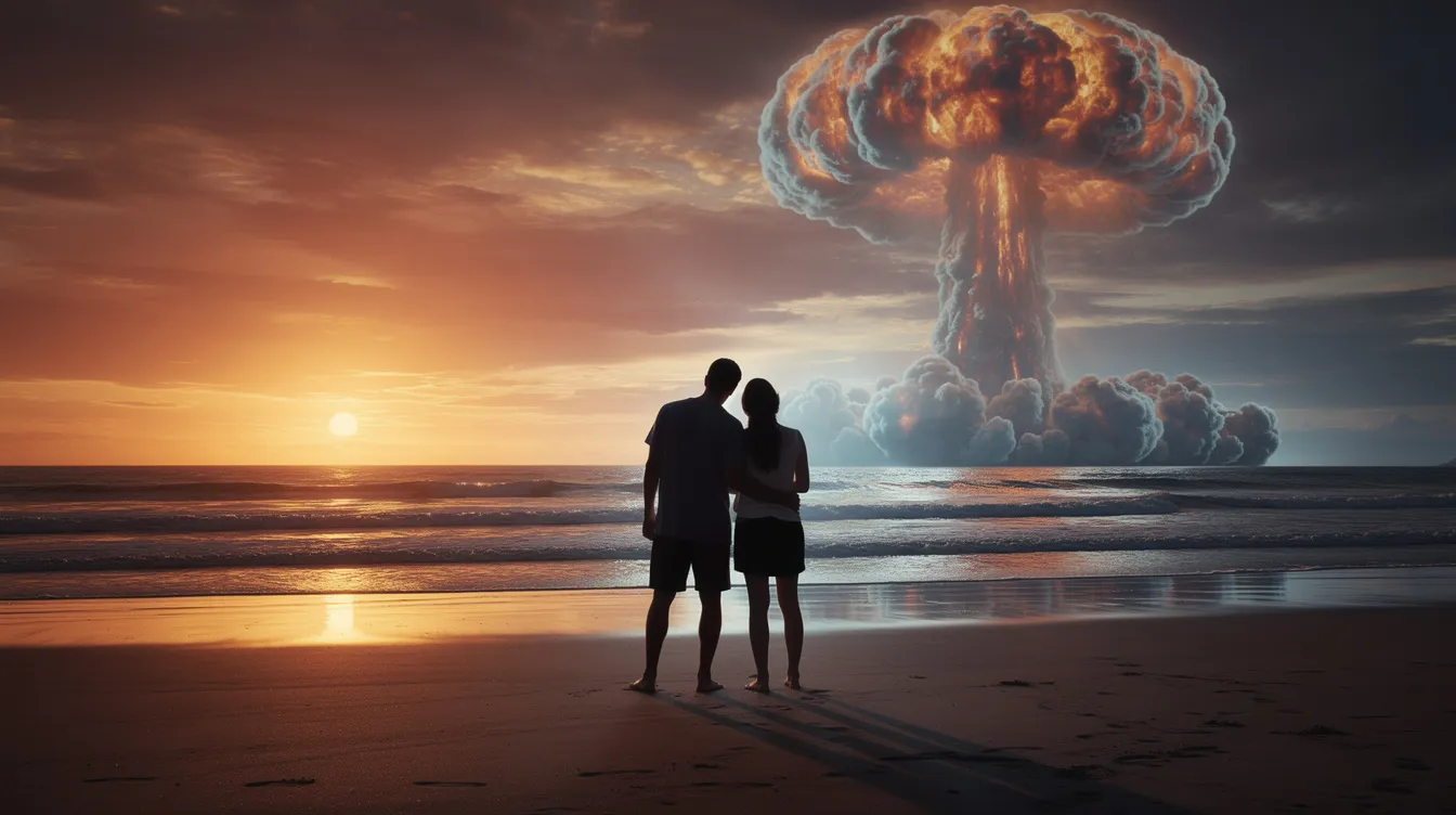 Zwei Silhouetten stehen eng beieinander an einem Strand bei Sonnenuntergang, während eine riesige Explosionswolke am Horizont aufsteigt. Das warme Licht des Sonnenuntergangs trifft auf die kalten Farben der Explosion, was an die dramatischen Szenen aus "Rogue One: A Star Wars Story" erinnert.