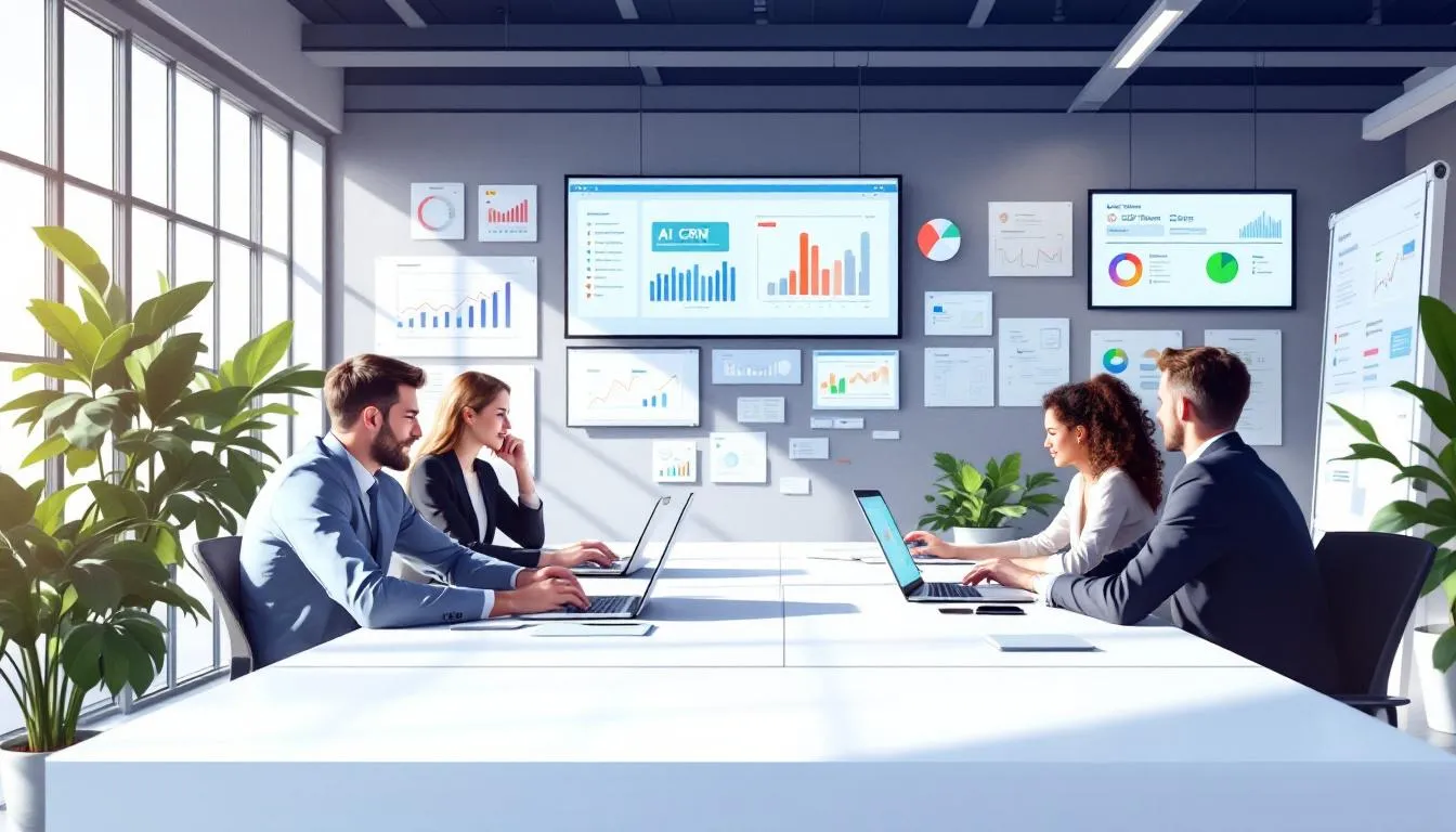 The image illustrates a marketing team utilizing advanced features of marketing automation software, such as AI tools and data-driven insights, to enhance their understanding of customer behavior and improve the effectiveness of their marketing campaigns throughout the entire customer journey. This visual emphasizes the seamless integration of customer relationship management (CRM) systems and the importance of aligning marketing strategies with business objectives.