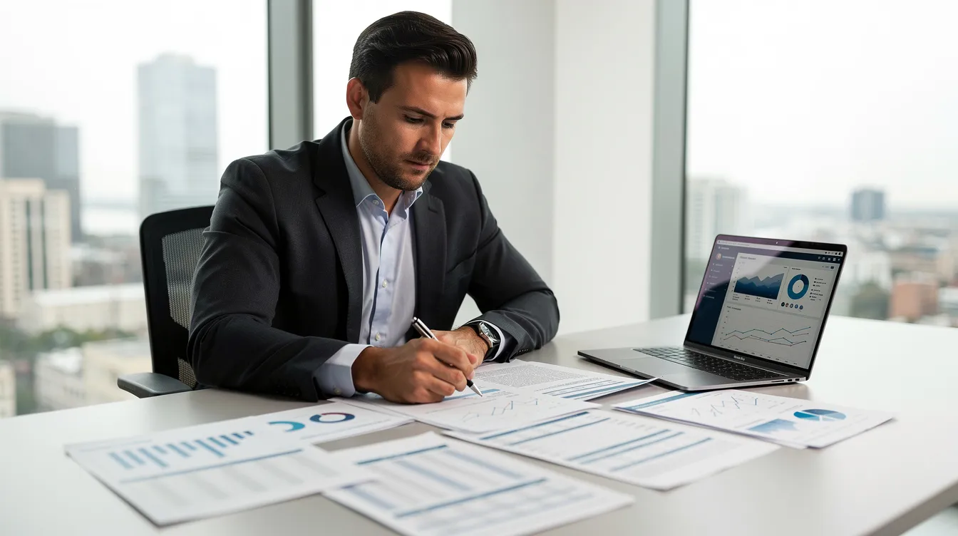 72a1e1b2 72c8 4707 bacd 831d7b938931 A business professional is seated at a desk, intently reviewing financial documents and project reports on a laptop, which may include analyses related to the dairy sector, such as investment costs and cash flow projections for modern dairy farms. The workspace is organized, reflecting a focus on the economic viability and feasibility study of dairy farming ventures.