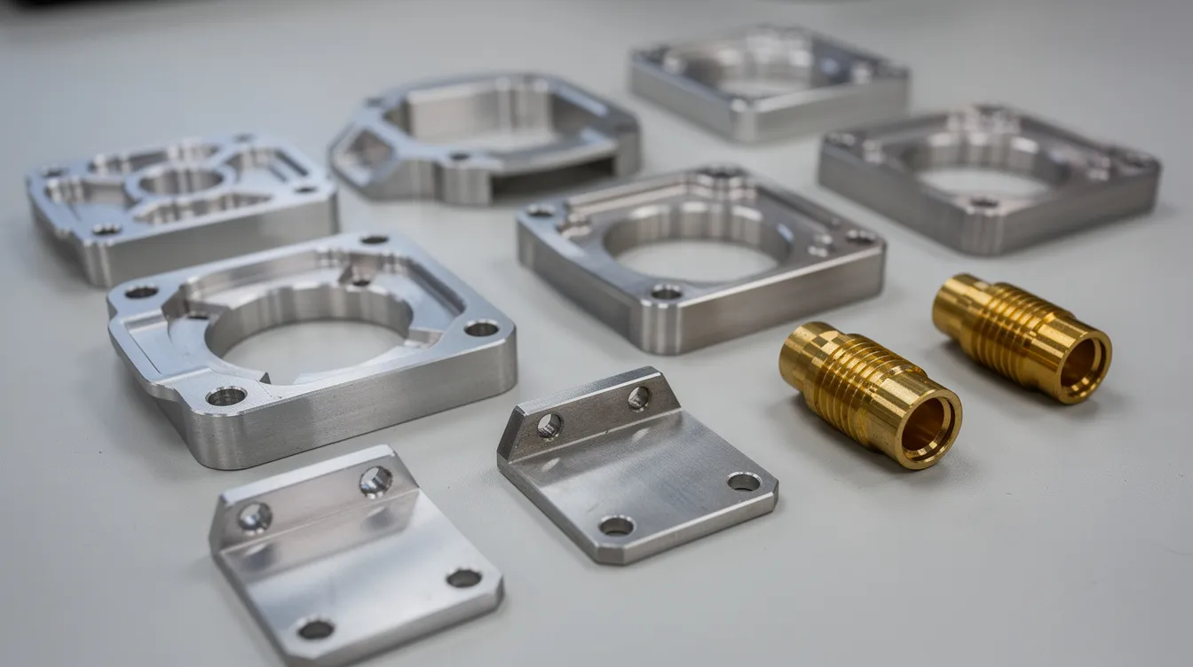 A close-up view showcases various CNC machined precision components, including aluminum housings, stainless steel brackets, and brass turned parts, meticulously arranged on a work table. This image highlights the quality and efficiency in the manufacturing industry, particularly in CNC machining, where strict quality control ensures customer satisfaction.