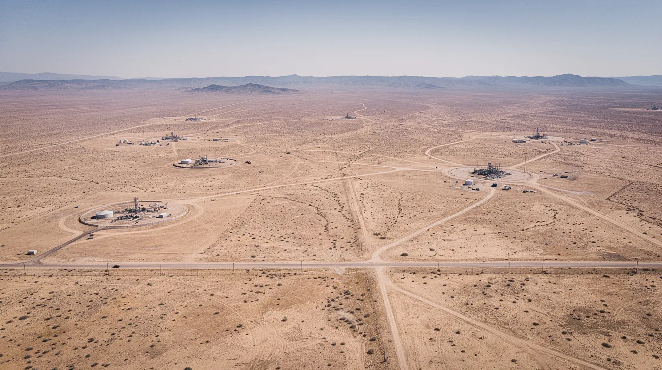 An aerial view captures numerous oil and gas well pads scattered across a dry, arid landscape in the Western United States, with distant mountains in the background. This scene highlights the oil and gas industry’s development in the region, showcasing the extensive infrastructure associated with gas exploration and production.