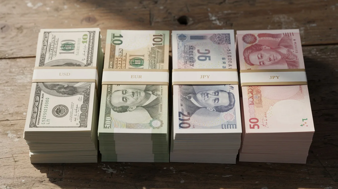 The image shows stacks of various international currency banknotes neatly arranged on a wooden table, illustrating the diversity of money used in international transfers. This visual representation highlights the importance of understanding exchange rates and payment methods when sending money abroad.