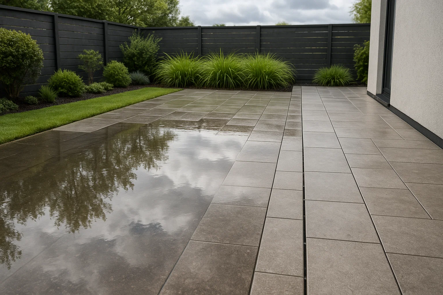 Patio with water pooling due to poor drainage alongside an area with proper water channels.