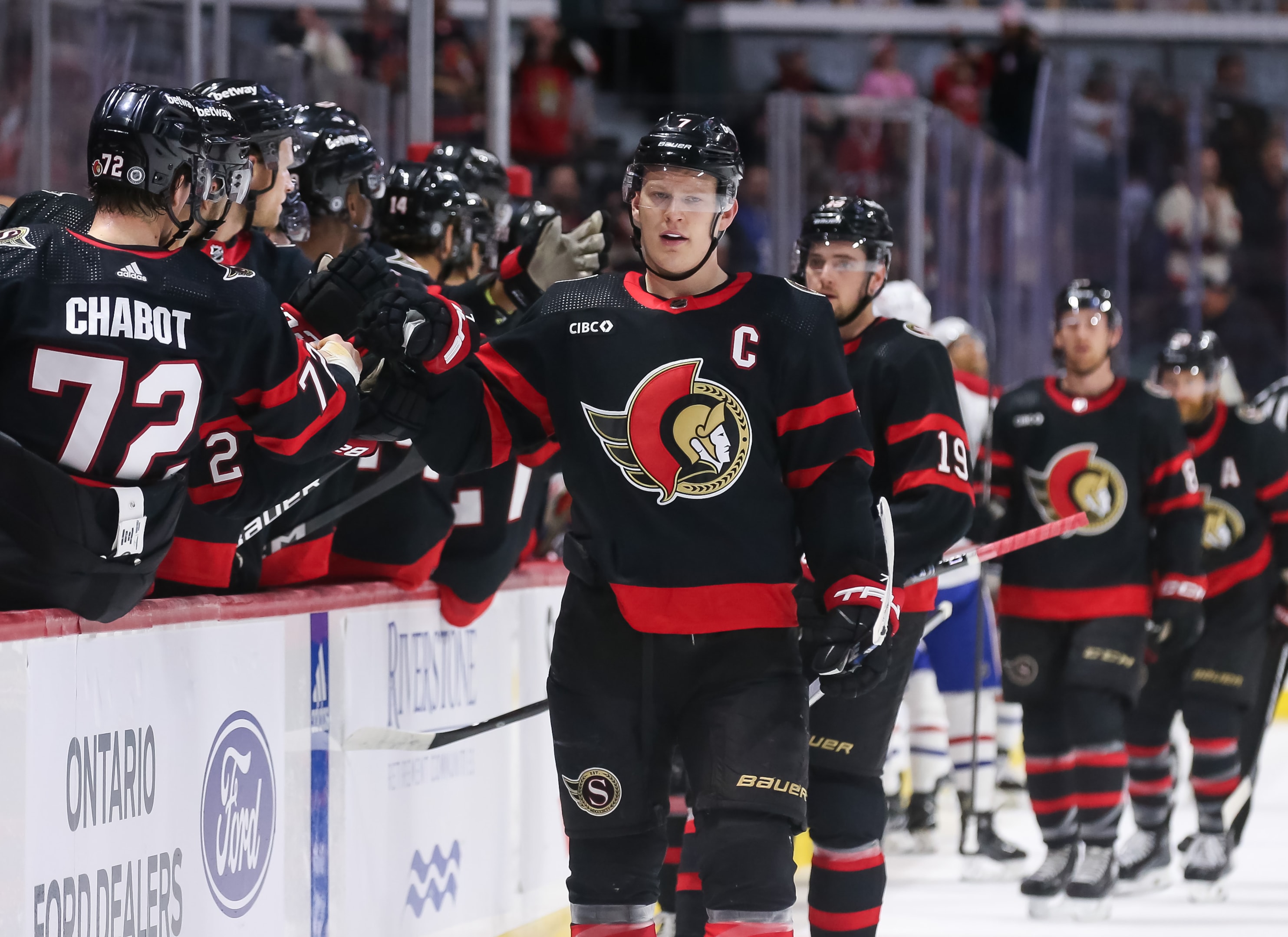 Brady Tkachuk of the Ottawa Senators celebrates a goal against the Montreal Canadiens at Canadian Tire Centre on April 13, 2024 in Ottawa, Ontario, Canada.