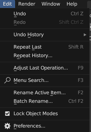 A screenshot of the Edit Menu inside of blender displaying various buttons such as undo, redo, repeat action and more