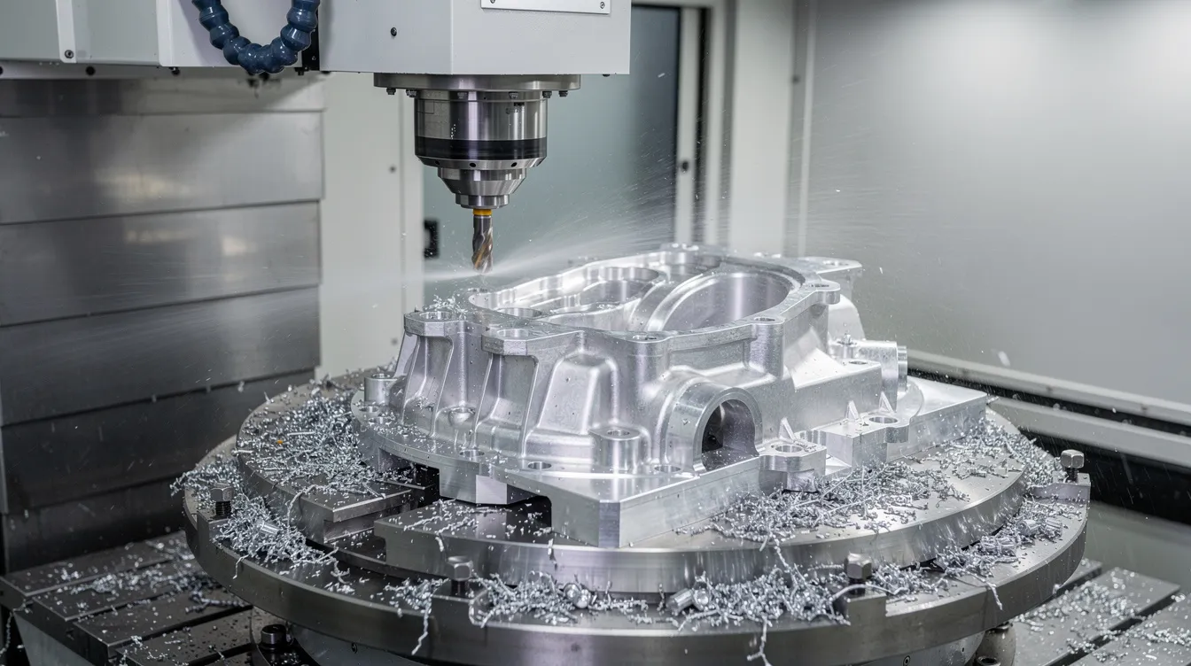 The image depicts a five-axis CNC machining center actively working on a complex aerospace aluminum component, showcasing the precision machining capabilities essential for meeting tight tolerances in the aerospace and defense applications. The advanced CNC technology employed here highlights the importance of high precision CNC machining in the manufacturing industry.