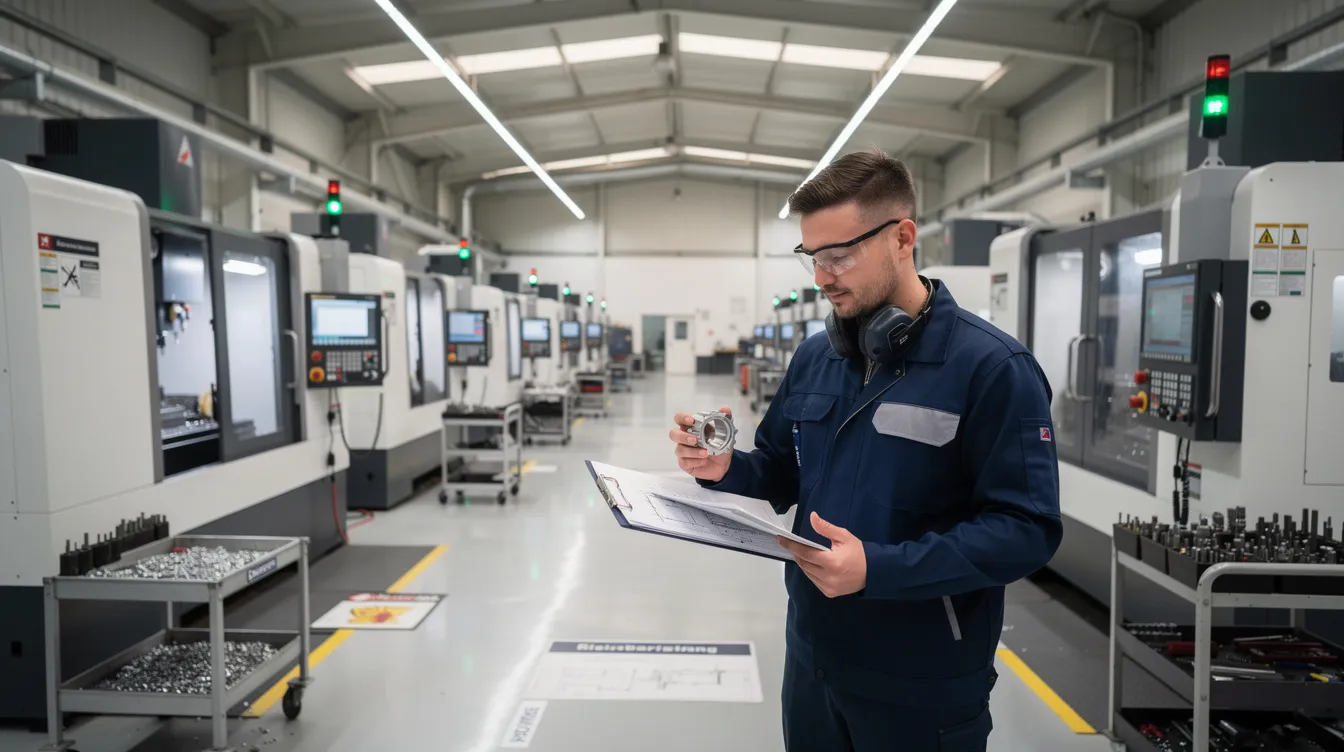 The image depicts the interior of a modern CNC machining factory, showcasing rows of advanced CNC milling machines. An engineer is seen reviewing precision machined parts, highlighting the focus on quality control and precision machining capabilities within the facility.