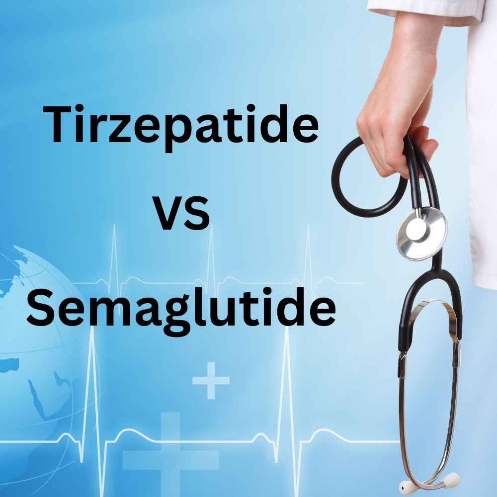 A comparison image of Tirzepatide and Semaglutide, highlighting the differences between Tirzepatide vs Semaglutide as GLP-1 receptor agonists.