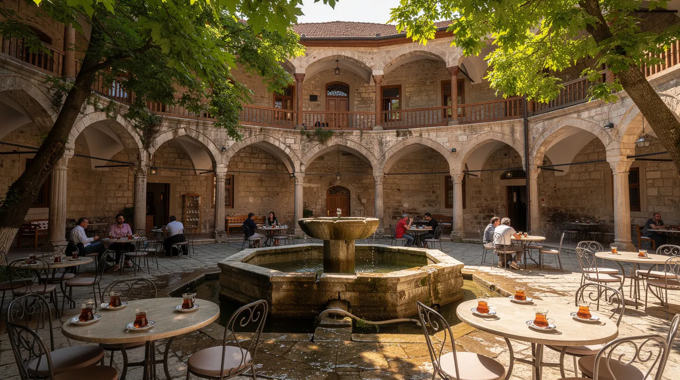 El patio histórico de Koza Han en Bursa presenta una encantadora fuente en el centro, rodeada de mesas donde los visitantes disfrutan de té turco, y árboles que aportan sombra, evocando la rica historia del imperio otomano y su tradición en la ruta de la seda. Este lugar es un importante punto de interés en la ciudad, ideal para relajarse y apreciar la arquitectura del pasado.