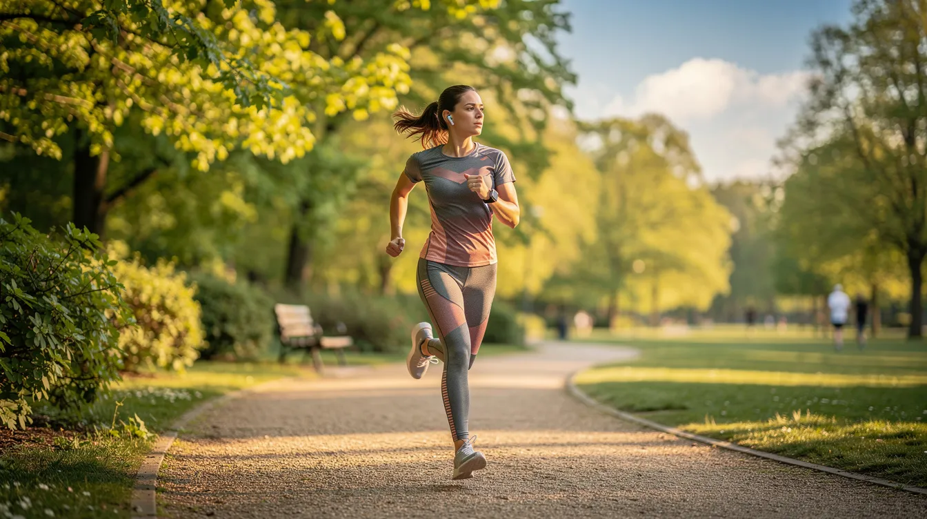 A young professional woman jogs along a sunny park trail, surrounded by lush greenery and vibrant trees. She embodies a healthy lifestyle, potentially benefiting from mushroom supplements like lion's mane or reishi mushroom extract for improved brain health and immune support.