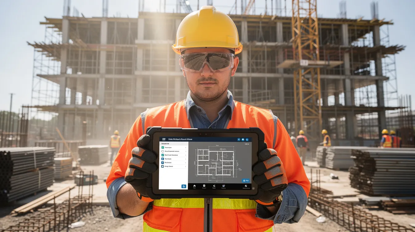 A construction worker is focused on using a tablet device at an active building site, surrounded by construction materials and machinery. This scene highlights the integration of technology in construction project management, emphasizing the importance of accurate accounting methods and financial performance tracking in the construction industry.