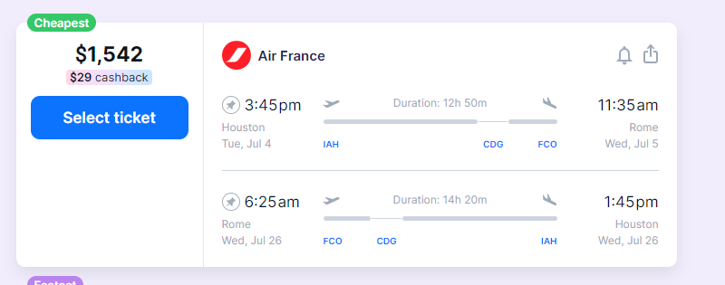Houston to Rome ticket via Paris using WayAway Cashback program.