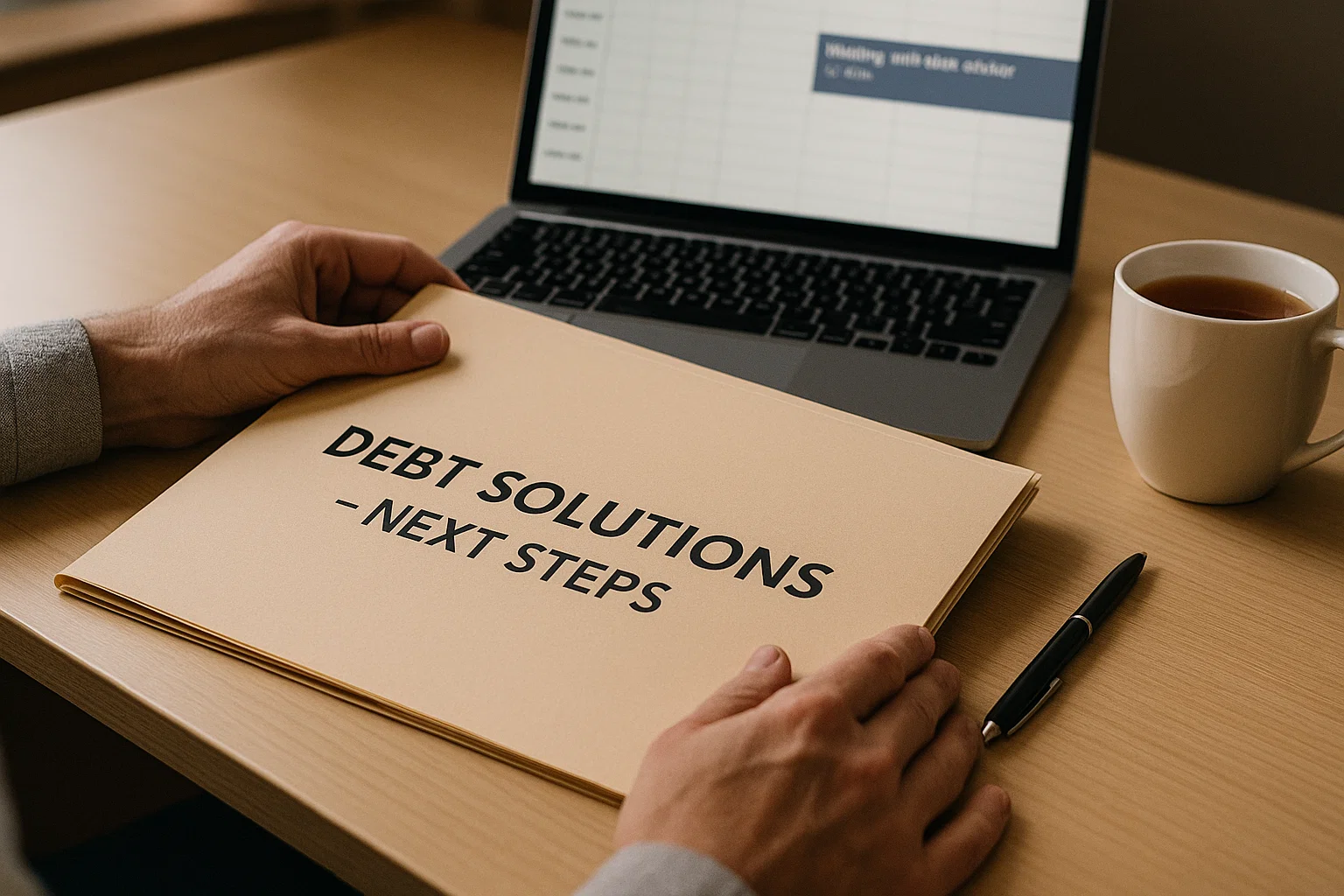 Hands placing a debt solutions folder on a desk with a laptop showing a debt adviser appointment.