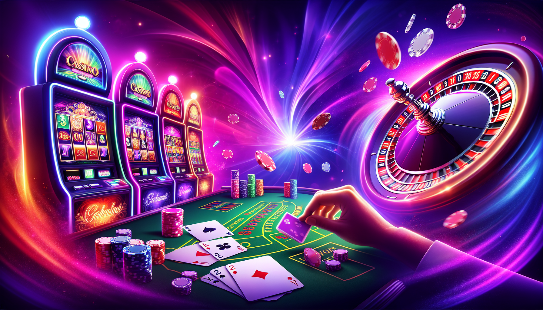 Various casino games including slots, blackjack, and roulette
