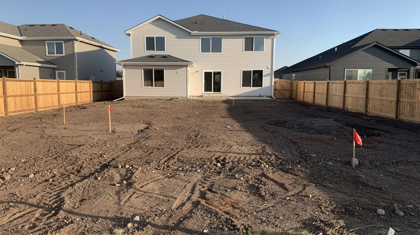 The image depicts a suburban backyard featuring bare dirt with a newly constructed house in the background, illustrating a blank slate for future landscaping. This outdoor space is ready for a landscape design plan, inviting homeowners to visualize their ideas for creating an inviting outdoor living area.