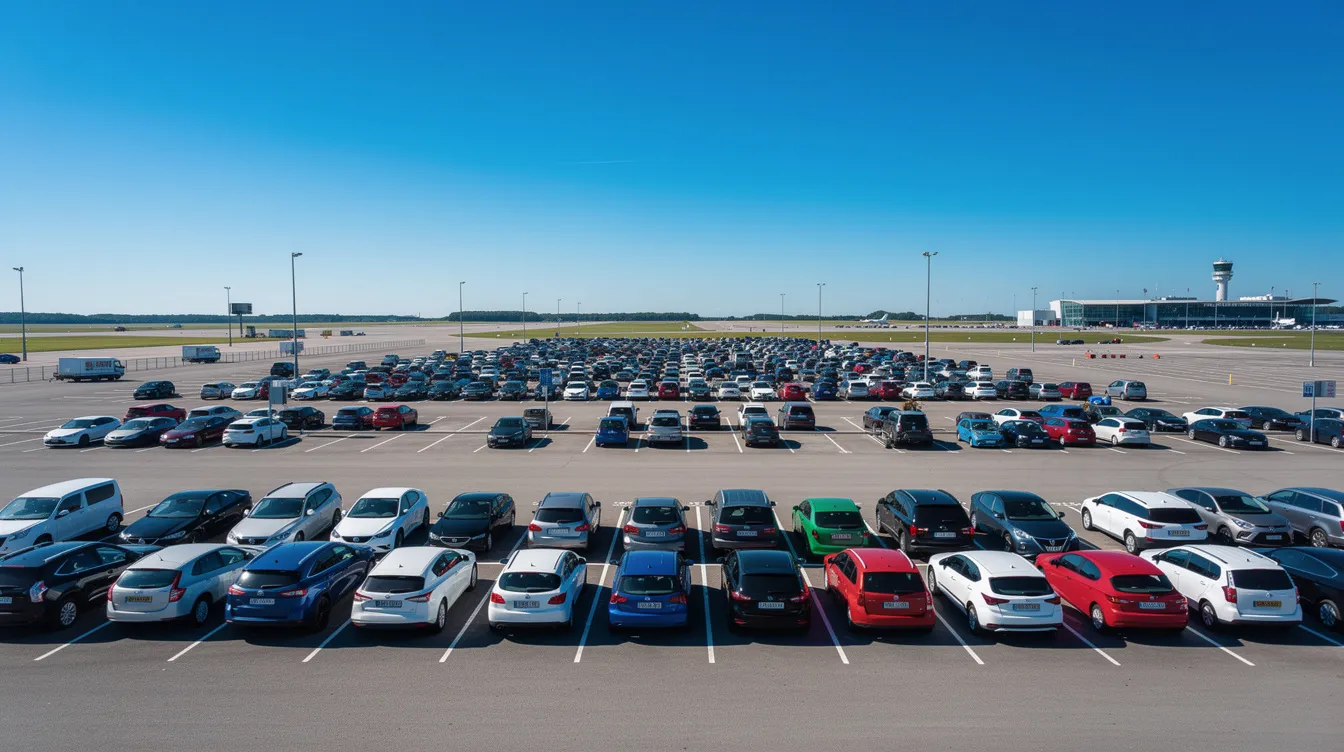 Une file de voitures garées dans un parking d'aéroport, sous un ciel bleu ensoleillé, témoigne de l'importance de la location de voitures à Marrakech pour les voyageurs. Ce lieu, idéal pour la prise en charge et la restitution des véhicules, offre une liberté de déplacement dans la ville et ses alentours.