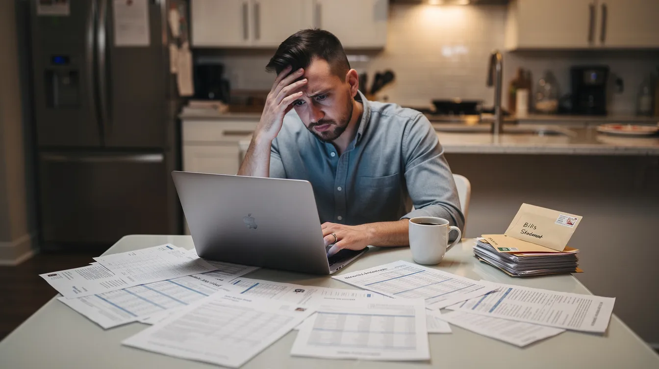 A person is seated at a kitchen table, focused on a laptop surrounded by scattered financial documents related to investment properties and rental income. The scene suggests they are reviewing information about home equity lines and other financial strategies for real estate investors.