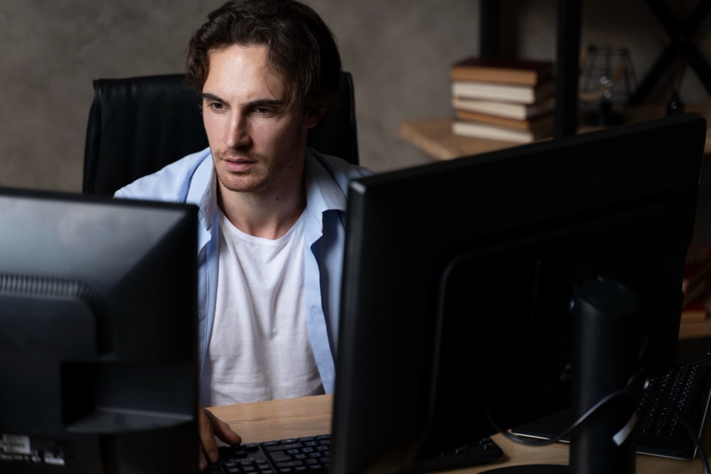 man looking at computer