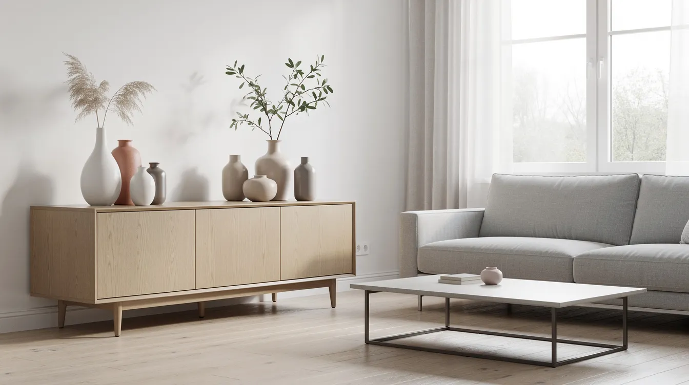 Ett stilrent vardagsrum med en sideboard där grupperade vaser i olika storlekar och former står prydligt. De vackra glasvaserna, både stora och små, skapar en elegant känsla och passar perfekt för att visa upp snittblommor och buketter.