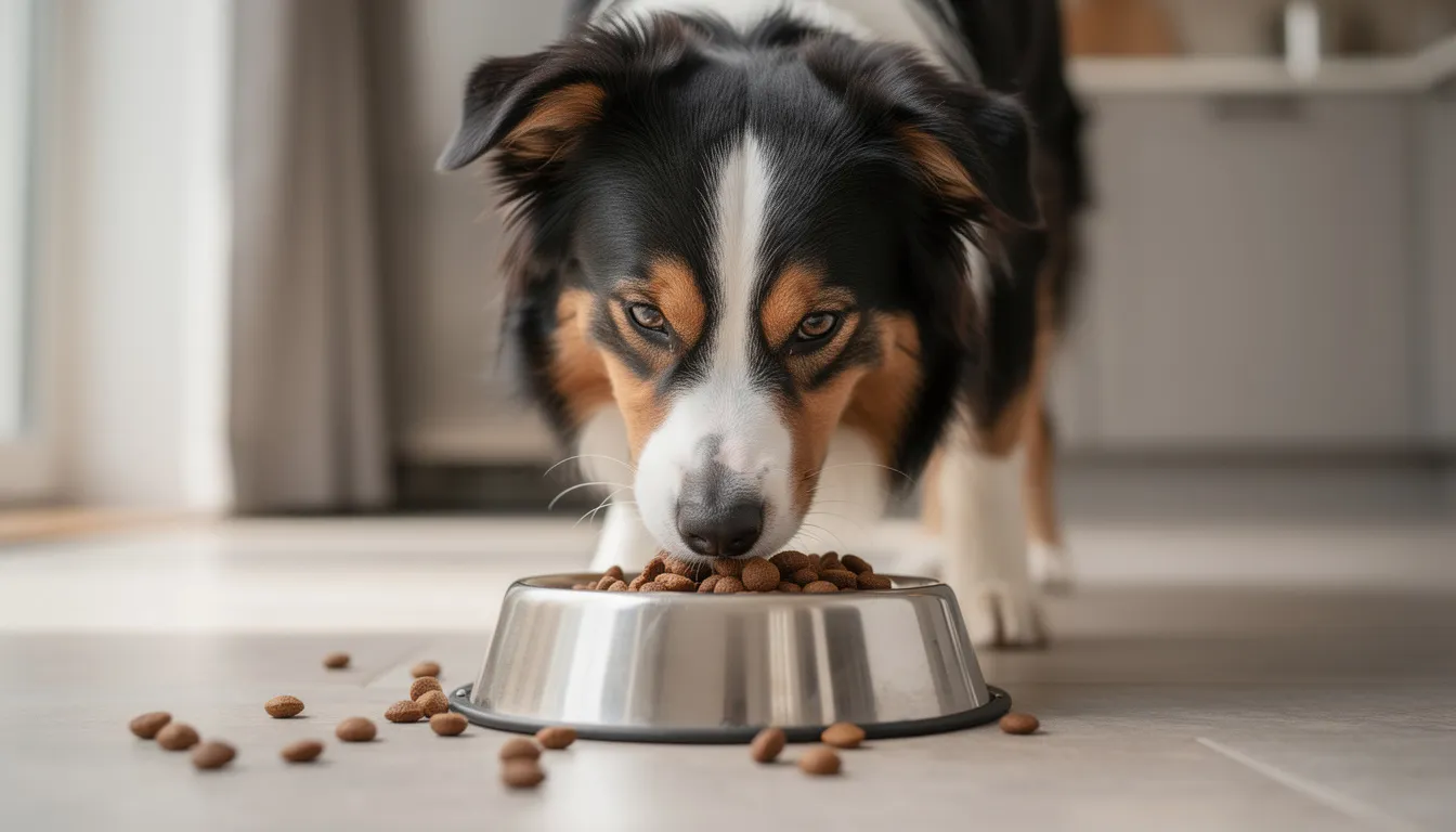 An English Shepherd, a medium-sized breed known for its herding abilities, is enjoying high-quality kibble from a dog bowl. The dog has a medium-length black and tan coat and appears content as it eats, embodying the gentle and loyal nature typical of English Shepherds.