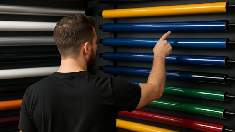 A man choosing viny wrap from the multiple options