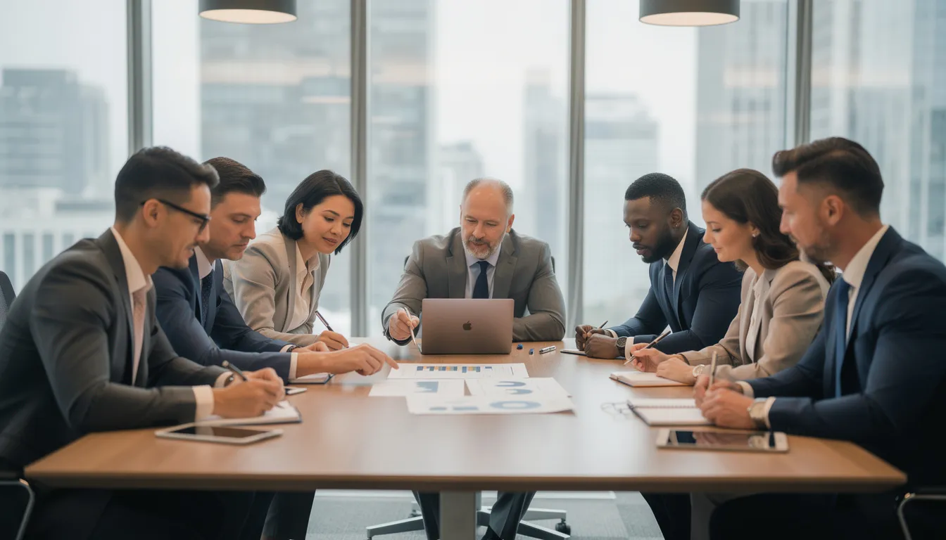The image depicts a group of business professionals engaged in a meeting room, collaboratively reviewing documents related to management services organizations (MSOs) and their impact on healthcare providers. They are focused on improving administrative functions and enhancing patient care quality within medical practices.