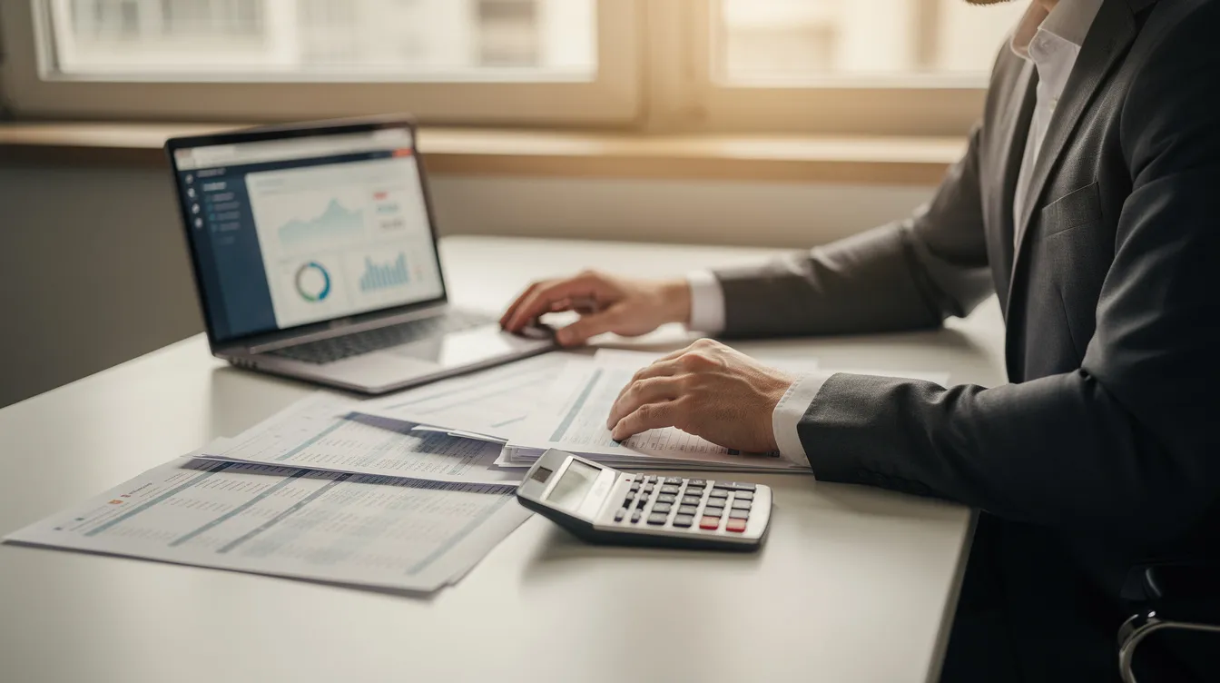 The image shows a person intently reviewing financial documents and using a calculator on a desk, with a laptop open nearby, suggesting they are assessing options for investment property or rental property financing. This scene highlights the importance of understanding cash flow, monthly payments, and the potential use of a home equity line to fund real estate investments.