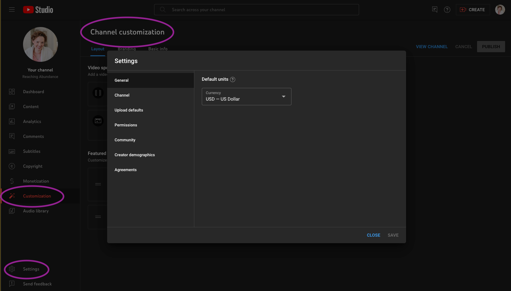 screen shot of Settings and Customization inside YouTube Channel