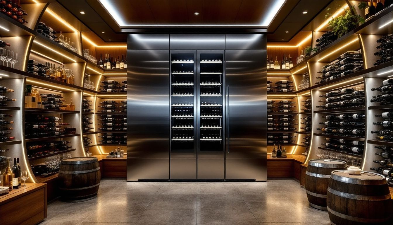 A wine cellar equipped with a cooling unit.