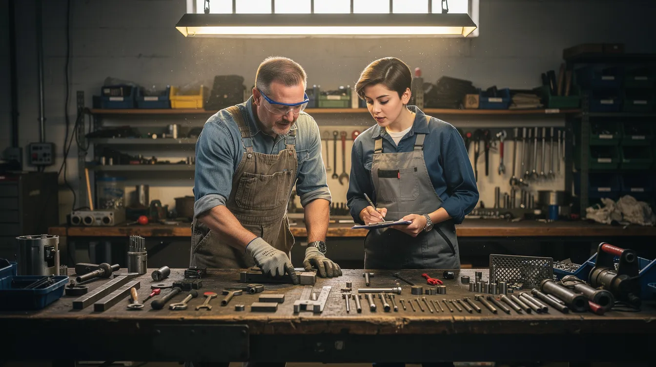 A mentor and apprentice are engaged in a focused discussion while reviewing various equipment in a workshop, highlighting the hands-on experience essential for skill development in apprenticeship programs. This interaction emphasizes the importance of on-the-job training and the tracking of apprentice progress to ensure successful outcomes in their technical skills development.
