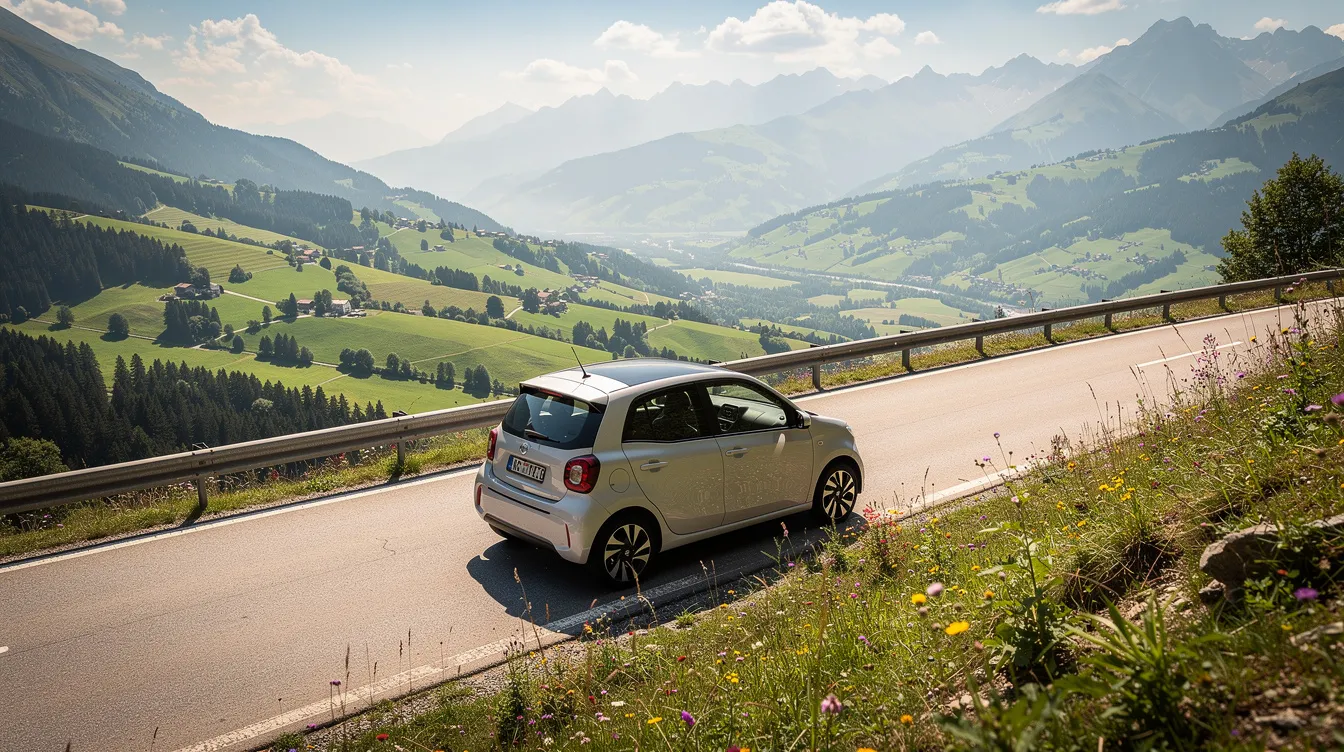 Coche compacto aparcado en una carretera de montaña con vistas a un valle verde.