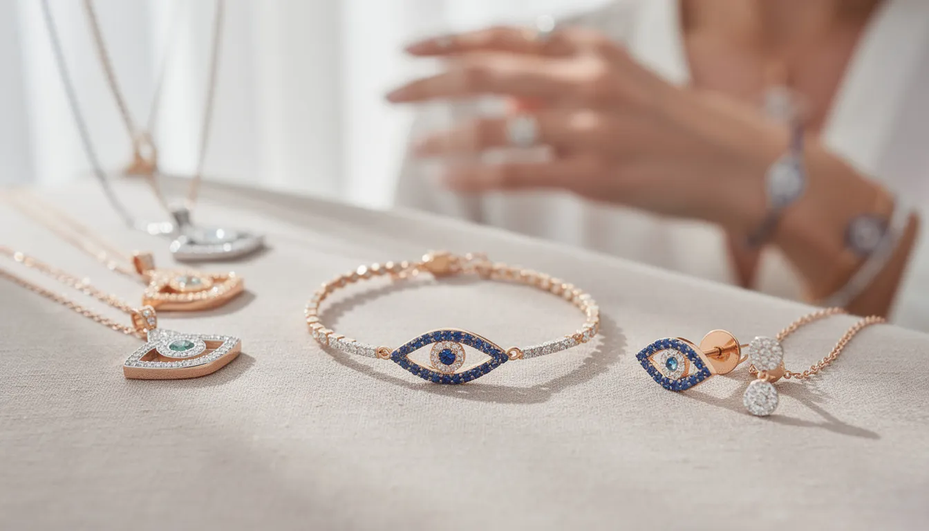 The image showcases a beautifully arranged collection of evil eye jewellery, including bracelets, necklaces, earrings, and pendants, all crafted with intricate details. Each piece, adorned with sparkling Swarovski crystals and finished in gold plated or silver tones, embodies the power of the evil eye symbol, designed to protect against negativity while enhancing elegance and positivity.