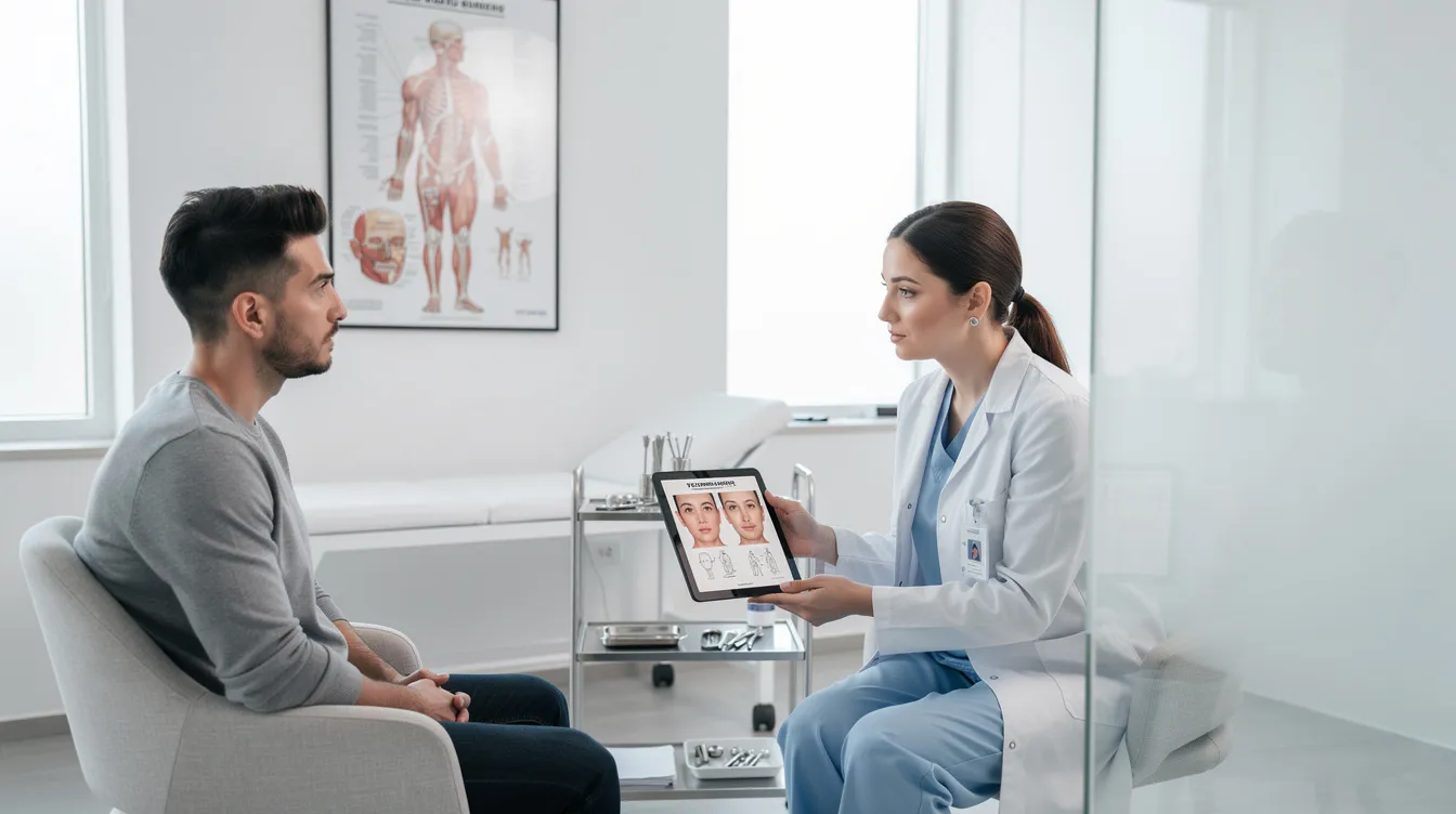 A patient discussing a Brazilian butt lift treatment plan during a consultation in a modern office.