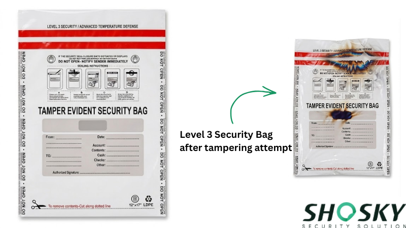 Level 3 security bag showing tampering attempt