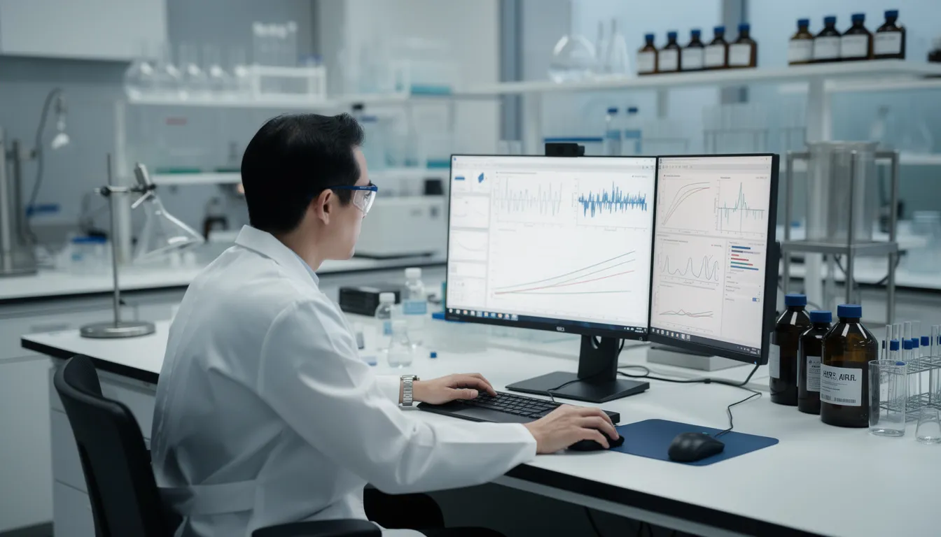 A researcher in a white coat is intently examining data on a computer screen in a modern laboratory, focusing on the latest findings in NMN supplementation and its potential health benefits for cellular energy and healthy aging. The lab is equipped with advanced technology, emphasizing the importance of clinical research in evaluating the best NMN supplements for boosting NAD levels and supporting metabolic health.