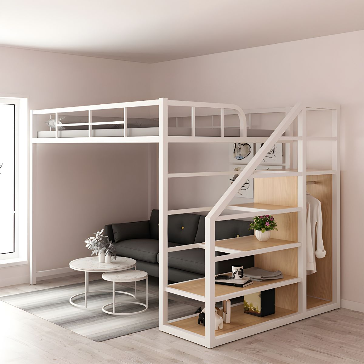 white queen size loft bed with storage shelves