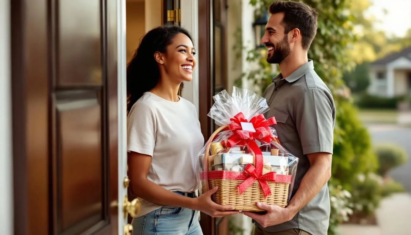 A person stands at their front door, joyfully receiving a beautifully wrapped birthday gift basket from a delivery person, filled with delicious treats and goodies perfect for celebrating a special day. The scene captures the delight of gifting, making it a memorable moment that brings smiles to loved ones.