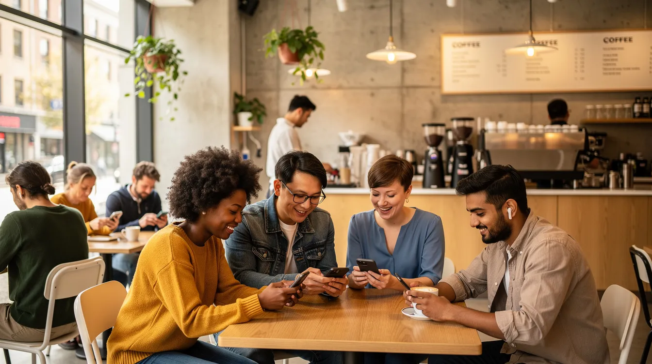 The image shows a diverse group of people, including men and women of various ethnicities, sitting in a modern coffee shop, all engaged with their smartphones. They appear to be using popular dating apps, possibly exploring online dating options and connecting with potential partners in a casual yet vibrant atmosphere.