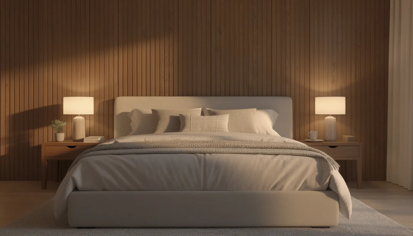 Een sfeervolle slaapkamer met houten wandpanelen achter het bed, verlicht door stijlvolle nachtkastjes met lampjes. De wandbekleding zorgt voor een warme uitstraling in de ruimte, terwijl de akoestische panelen bijdragen aan een rustige sfeer.