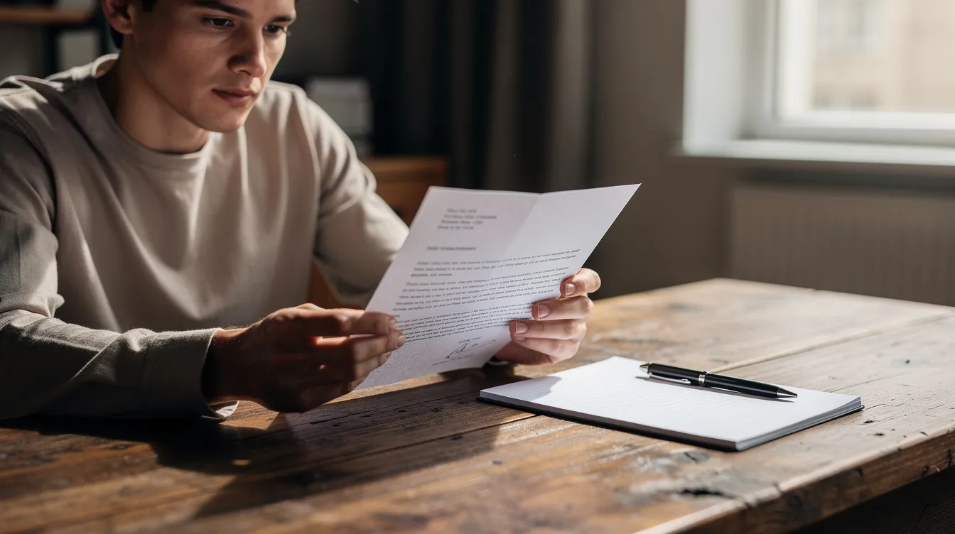 A person is sitting at a wooden desk, intently reading a formal letter, with a pen and notepad placed beside them. The scene suggests they may be reviewing important details related to their financial assistance or loan application, possibly involving mudra loans or other banking documents.