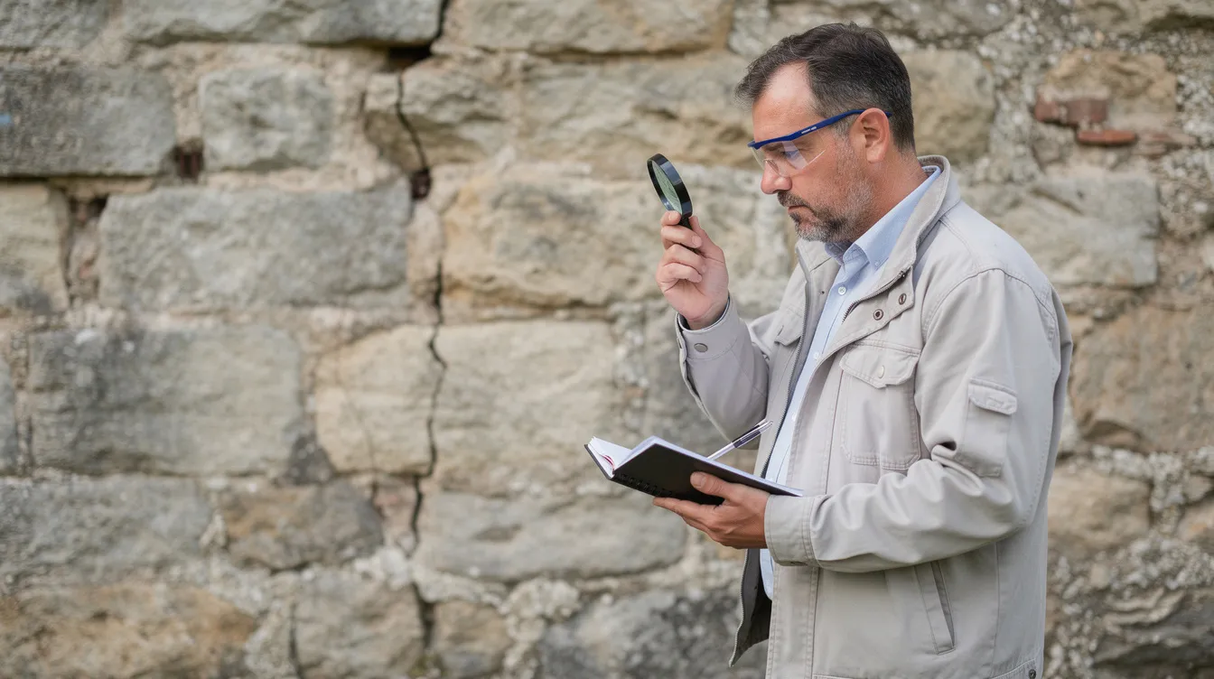 Un professionnel examine un mur en pierre et prend des notes