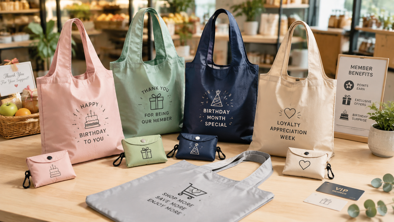 Foldable shopping bags in assorted colors for retail loyalty and birthday month campaigns