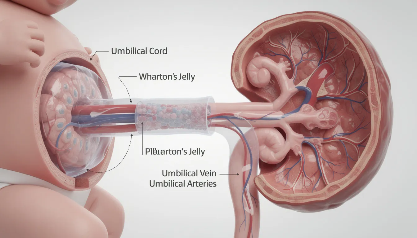 The image depicts medical imagery of an umbilical cord, highlighting its significance as a source of perinatal stem cells, including umbilical cord blood which contains hematopoietic stem cells. This imagery represents the potential for regenerative medicine and stem cell therapy in treating various diseases and repairing damaged tissues.