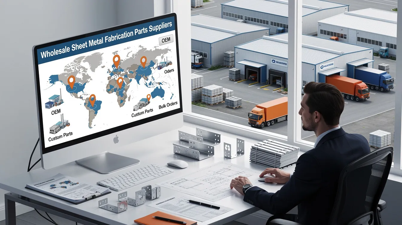 An image depicting a variety of wholesale sheet metal fabrication parts, showcasing different shapes and thicknesses of thin metal sheets, along with metal fabrication tools used in the process. The scene highlights the importance of quality and structural integrity in custom metal fabrication services, emphasizing the competitive pricing and diverse product offerings available from suppliers.