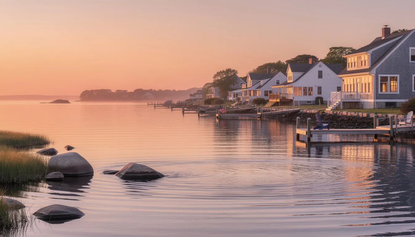 The image depicts a serene sunset over the Connecticut shoreline, showcasing waterfront homes reflecting in the calm water. This picturesque scene highlights the appeal of off market listings and properties that attract real estate investors looking for opportunities in desirable neighborhoods.
